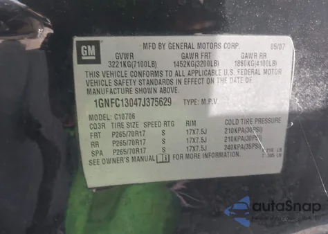 2007 Chevrolet Tahoe Lt from USA, damaged, VIN 1GNFC13047J375629